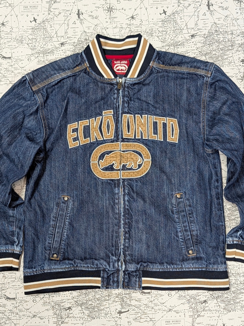 Vintage Y2K Eckō Unltd. Embroidered Denim Bomber Jacket Size Medium